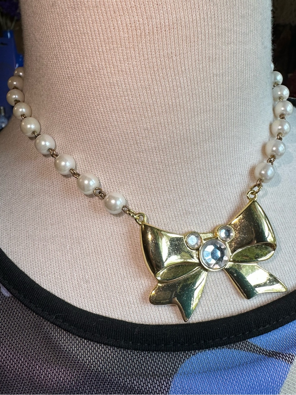 Disney • Gold Tone Ribbon & Pearl Mickey Mouse Necklace